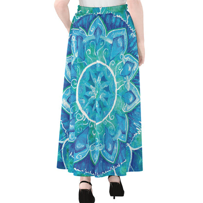 Blue Vishuddha Chakra Mandala Print Chiffon Maxi Skirt