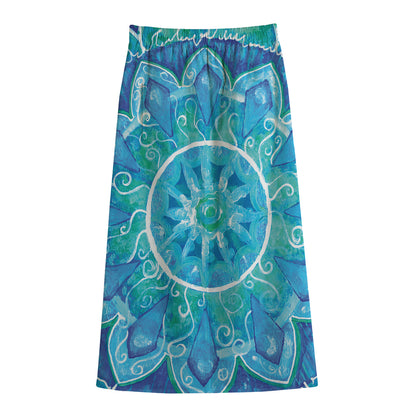 Blue Vishuddha Chakra Mandala Print Cotton Front Slit Maxi Skirt
