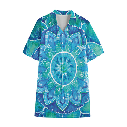 Blue Vishuddha Chakra Mandala Print Cotton Hawaiian Shirt