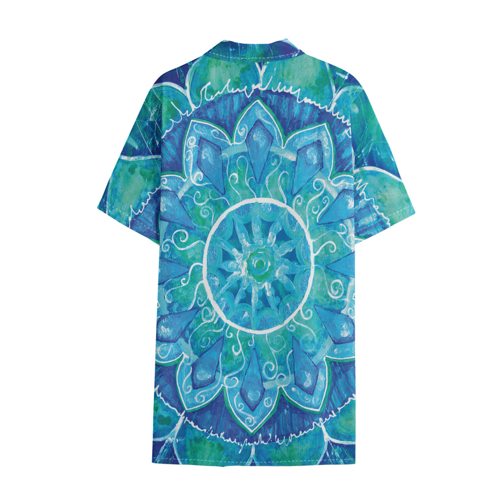 Blue Vishuddha Chakra Mandala Print Cotton Hawaiian Shirt