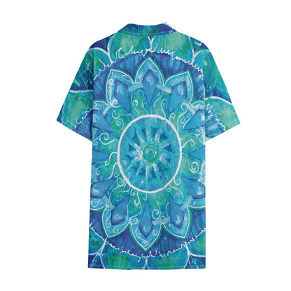 Blue Vishuddha Chakra Mandala Print Cotton Hawaiian Shirt