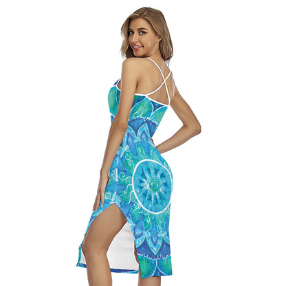 Blue Vishuddha Chakra Mandala Print Cross Back Cami Dress