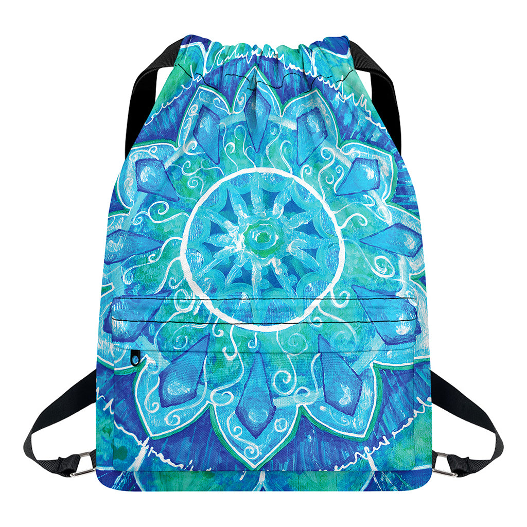 Blue Vishuddha Chakra Mandala Print Drawstring Backpack