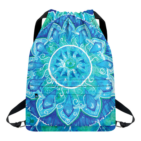 Blue Vishuddha Chakra Mandala Print Drawstring Backpack