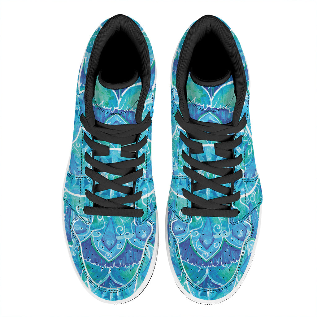 Blue Vishuddha Chakra Mandala Print High Top Leather Sneakers