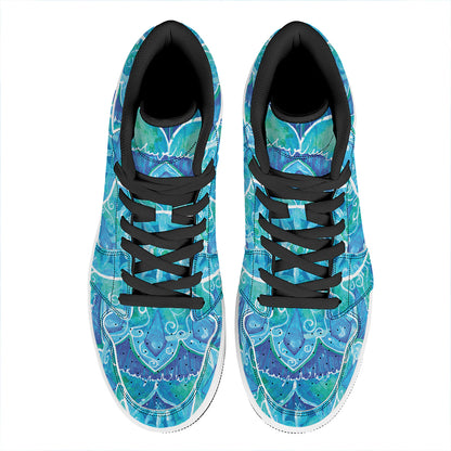 Blue Vishuddha Chakra Mandala Print High Top Leather Sneakers