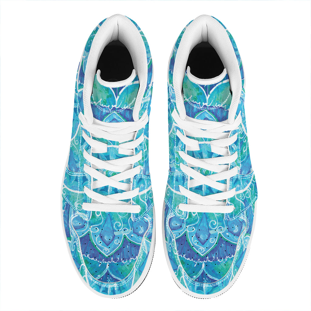 Blue Vishuddha Chakra Mandala Print High Top Leather Sneakers