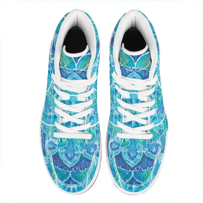 Blue Vishuddha Chakra Mandala Print High Top Leather Sneakers