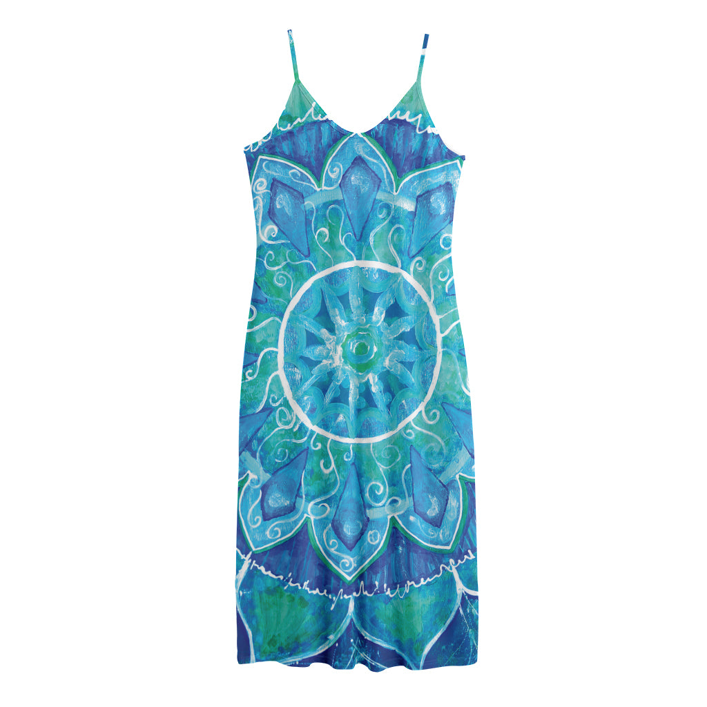 Blue Vishuddha Chakra Mandala Print Jersey Midi Cami Dress