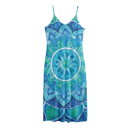 Blue Vishuddha Chakra Mandala Print Jersey Midi Cami Dress