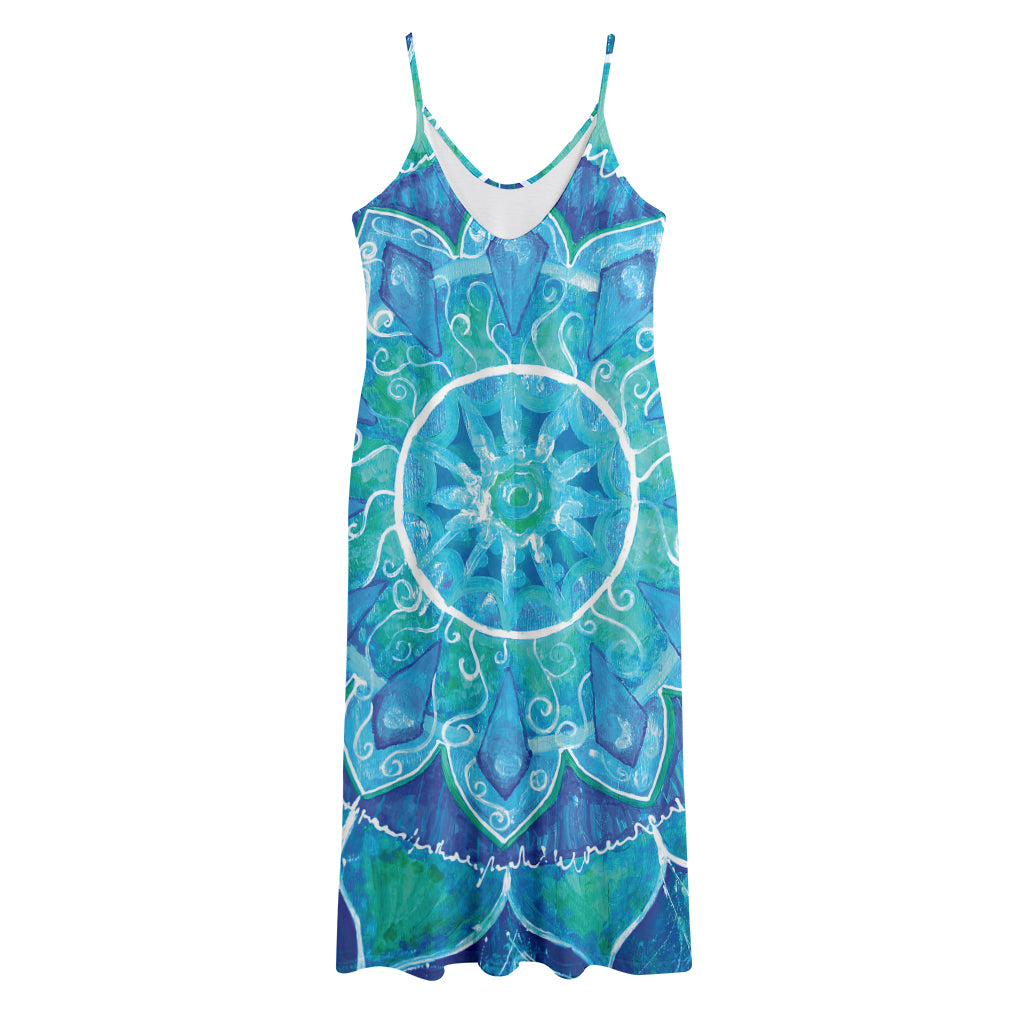 Blue Vishuddha Chakra Mandala Print Jersey Midi Cami Dress