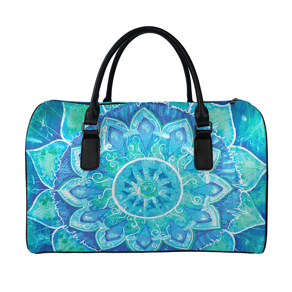 Blue Vishuddha Chakra Mandala Print Leather Duffle Bag