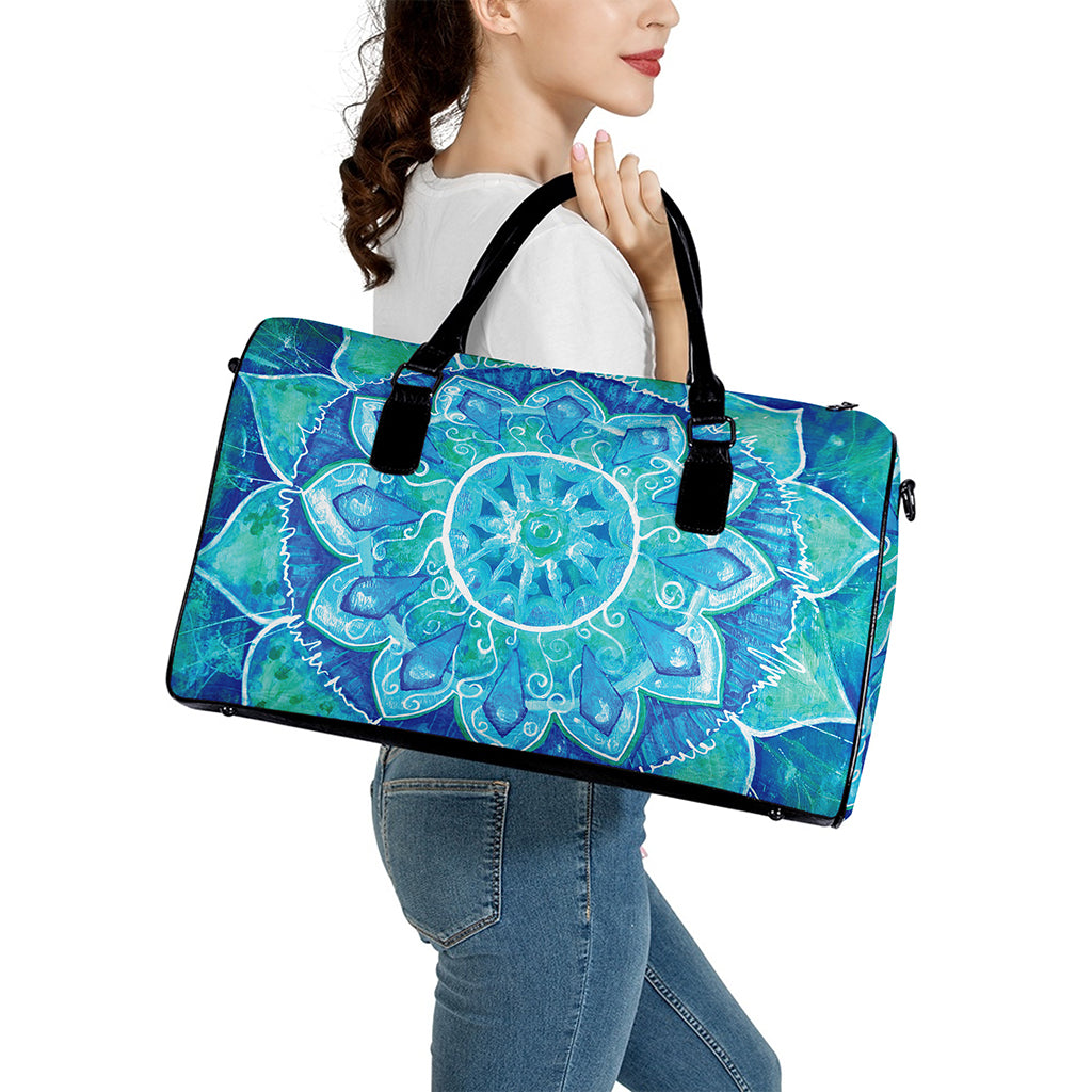 Blue Vishuddha Chakra Mandala Print Leather Duffle Bag