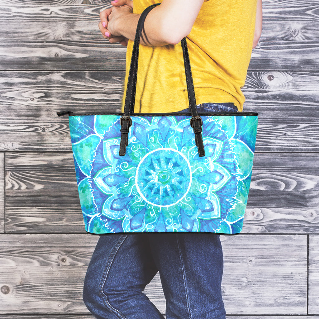 Blue Vishuddha Chakra Mandala Print Leather Tote Bag