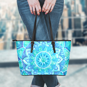 Blue Vishuddha Chakra Mandala Print Leather Tote Bag