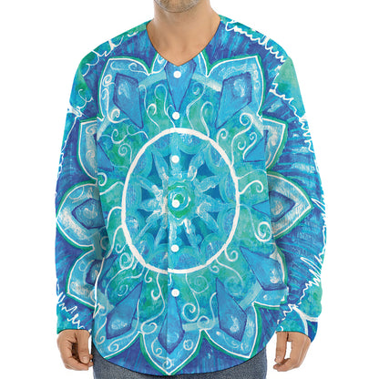 Blue Vishuddha Chakra Mandala Print Long Sleeve Baseball Jersey