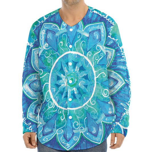 Blue Vishuddha Chakra Mandala Print Long Sleeve Baseball Jersey