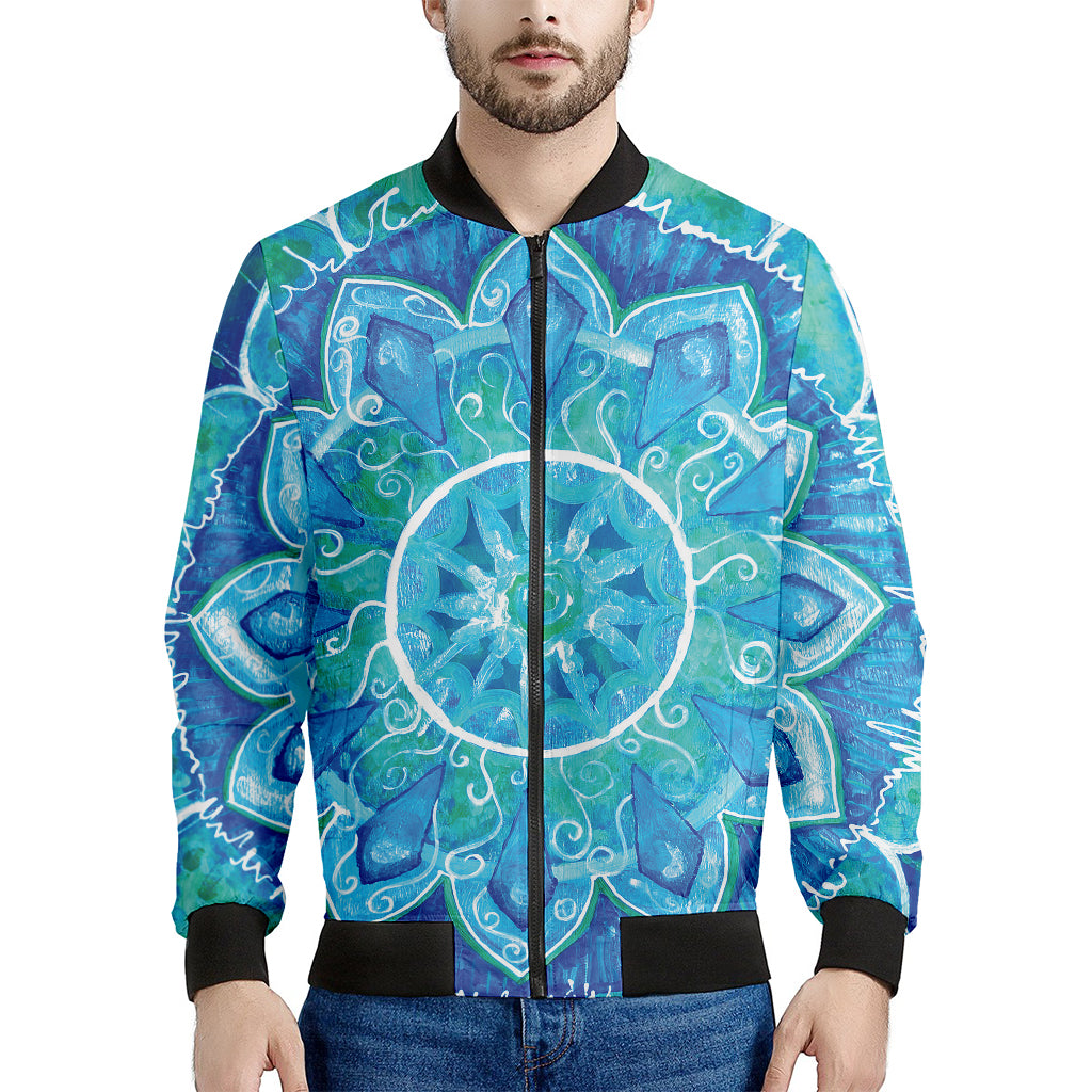 Blue Vishuddha Chakra Mandala Print Men's Bomber Jacket