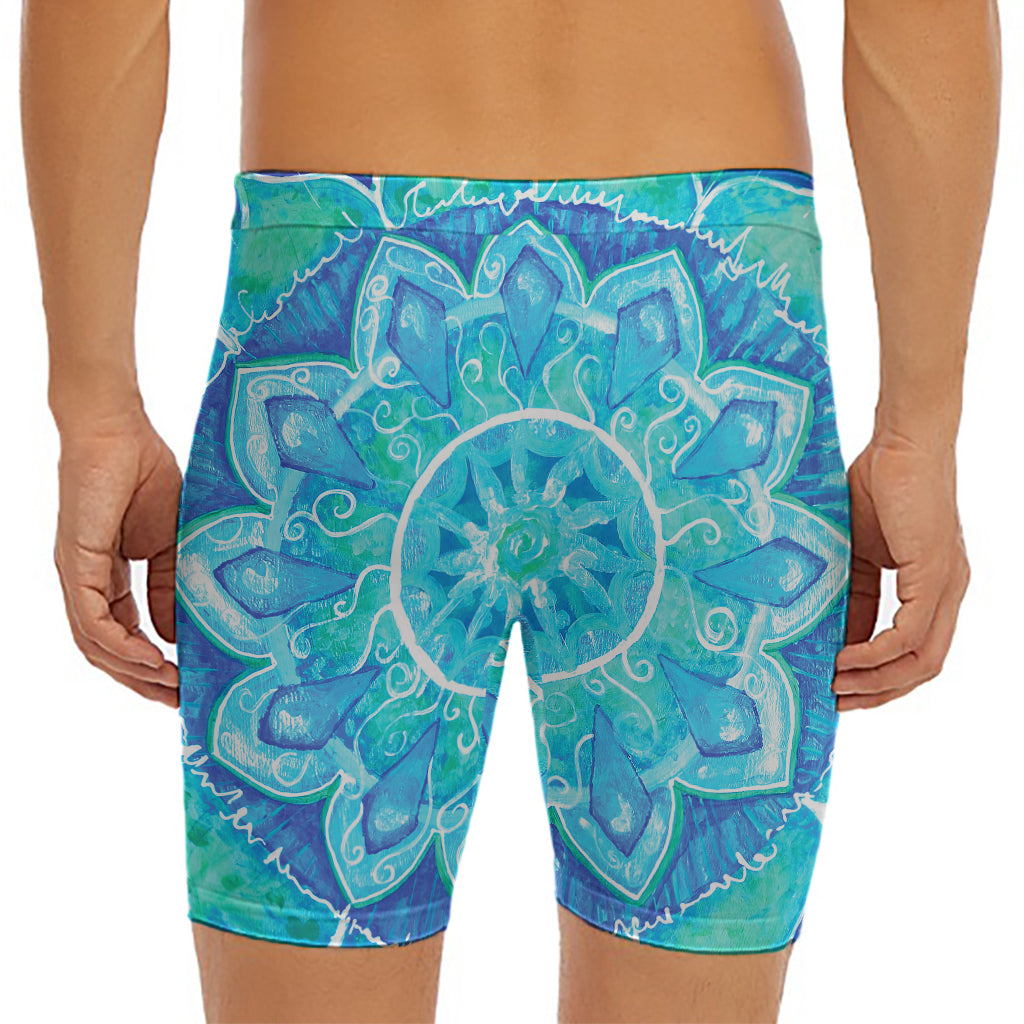 Blue Vishuddha Chakra Mandala Print Men's Long Boxer Briefs