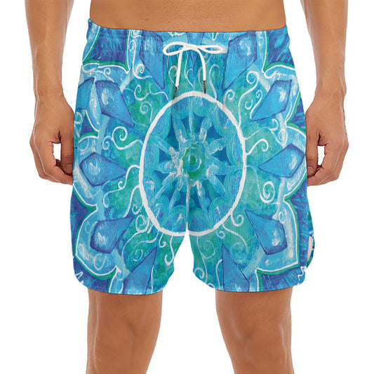 Blue Vishuddha Chakra Mandala Print Men's Split Running Shorts
