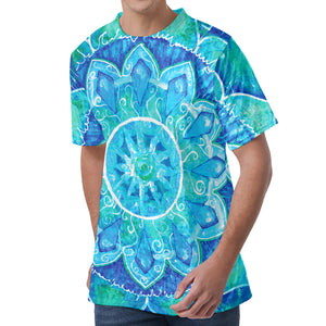 Blue Vishuddha Chakra Mandala Print Men's Velvet T-Shirt