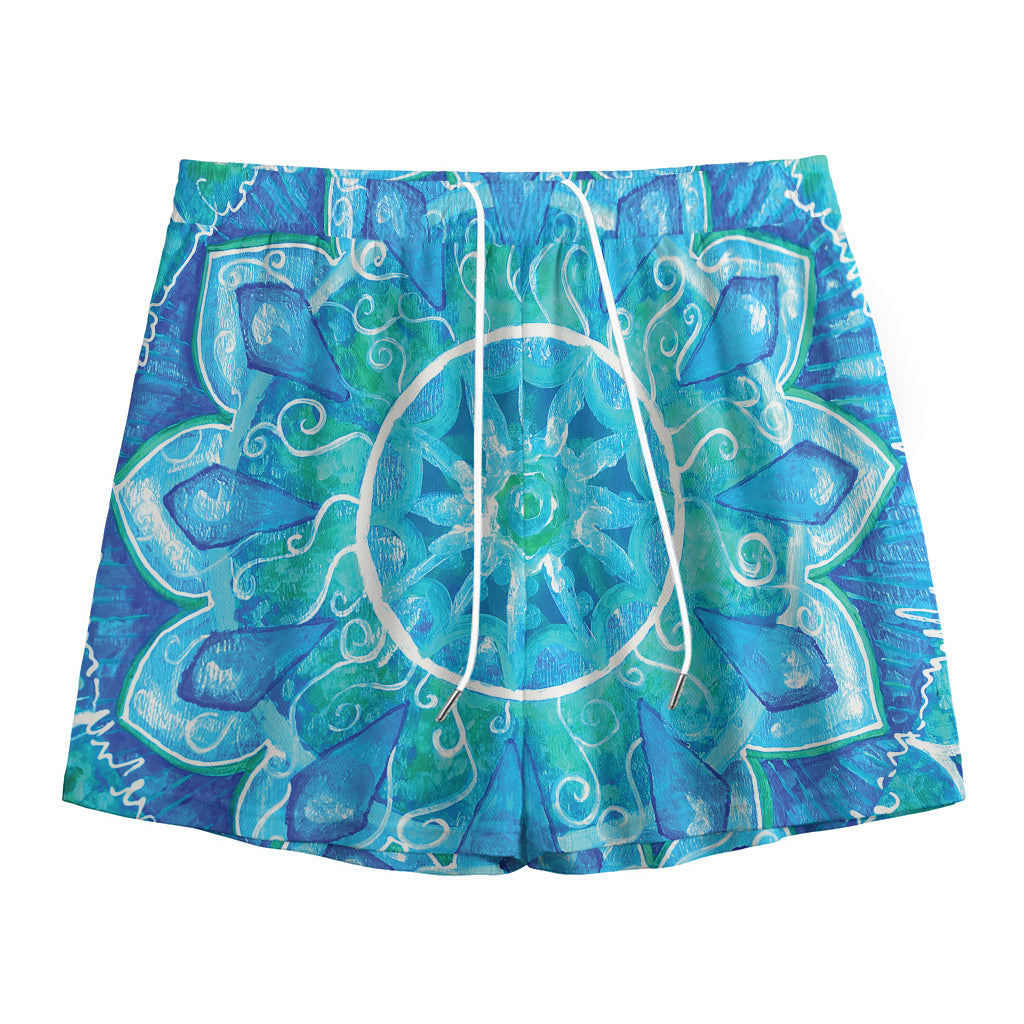 Blue Vishuddha Chakra Mandala Print Mesh Shorts