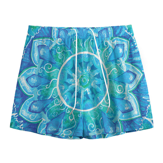 Blue Vishuddha Chakra Mandala Print Mesh Shorts