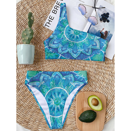 Blue Vishuddha Chakra Mandala Print One Shoulder Bikini Top