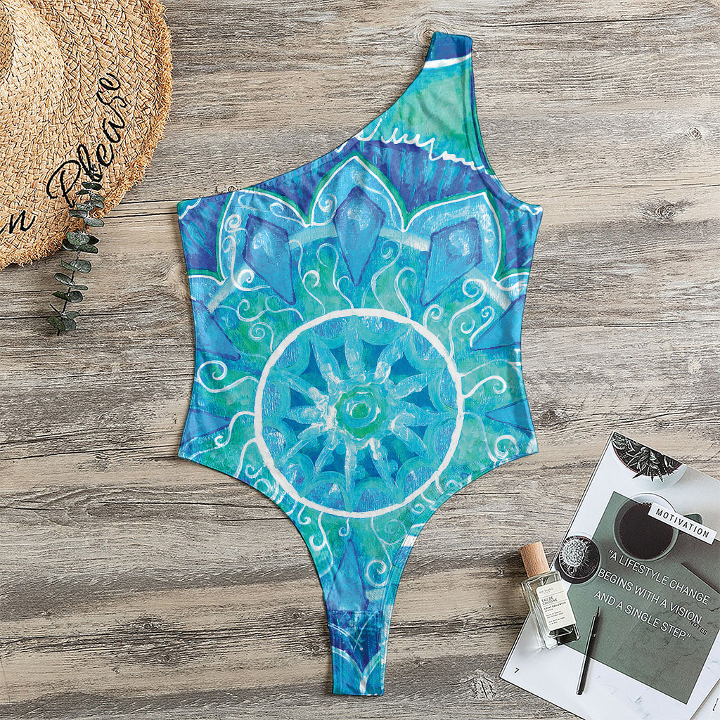 Blue Vishuddha Chakra Mandala Print One Shoulder Bodysuit