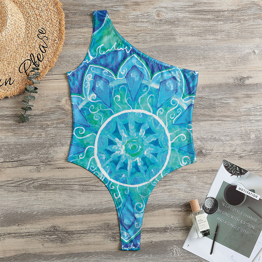 Blue Vishuddha Chakra Mandala Print One Shoulder Bodysuit