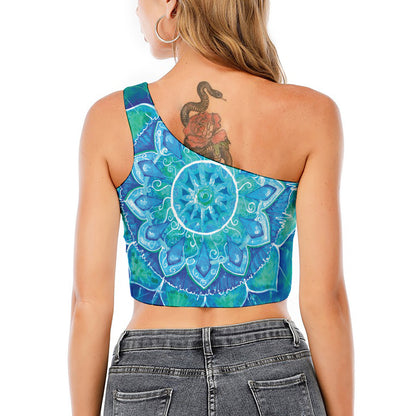 Blue Vishuddha Chakra Mandala Print One Shoulder Crop Top