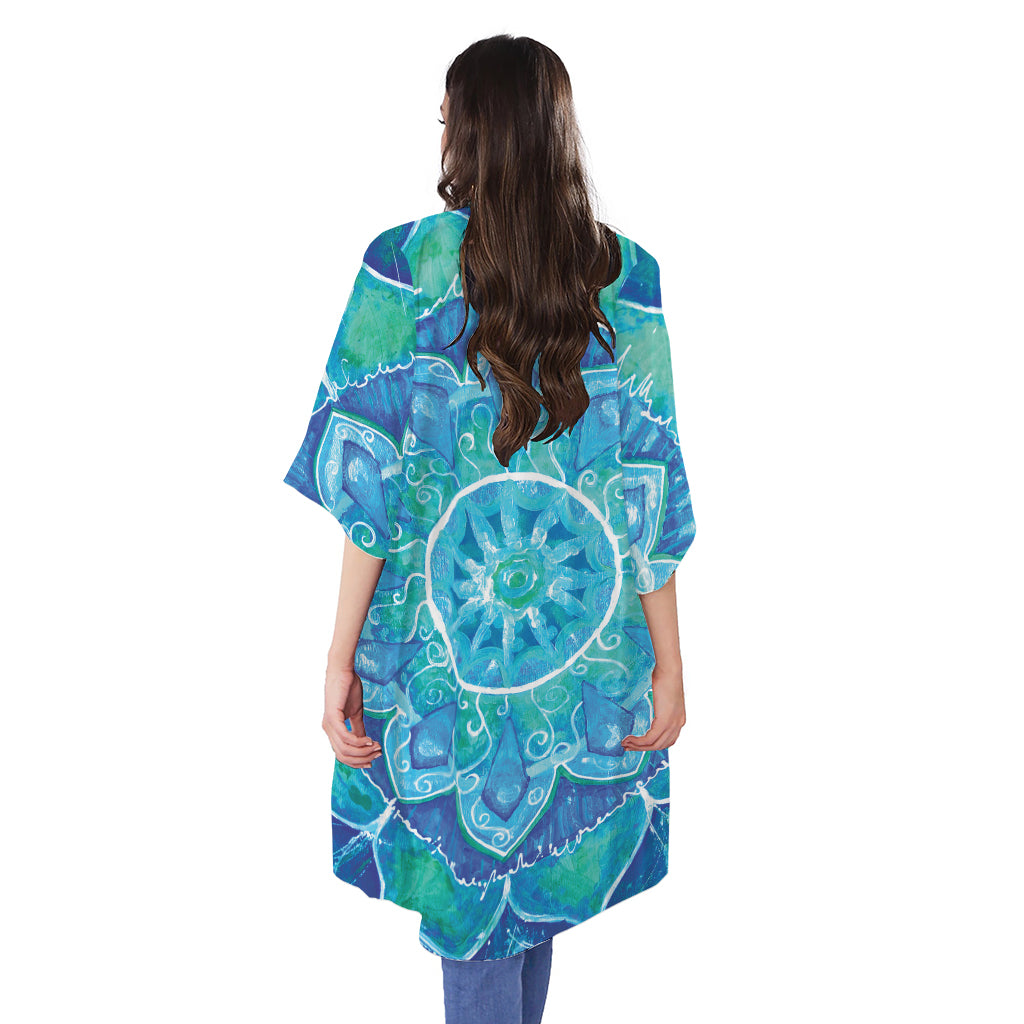 Blue Vishuddha Chakra Mandala Print Open Front Beach Cover Up
