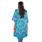 Blue Vishuddha Chakra Mandala Print Open Front Beach Cover Up