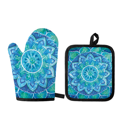 Blue Vishuddha Chakra Mandala Print Oven Mitt And Pot Holder Set