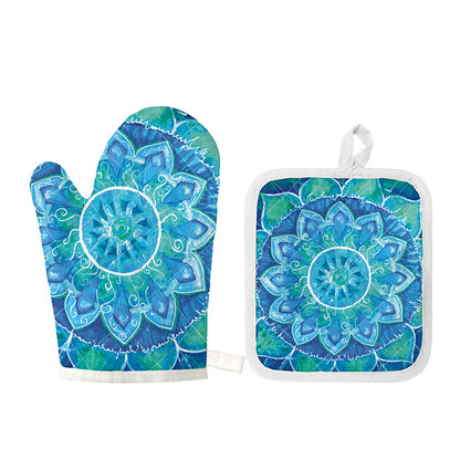 Blue Vishuddha Chakra Mandala Print Oven Mitt And Pot Holder Set