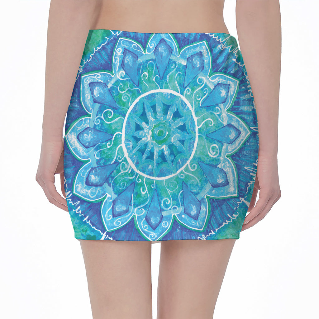 Blue Vishuddha Chakra Mandala Print Pencil Mini Skirt