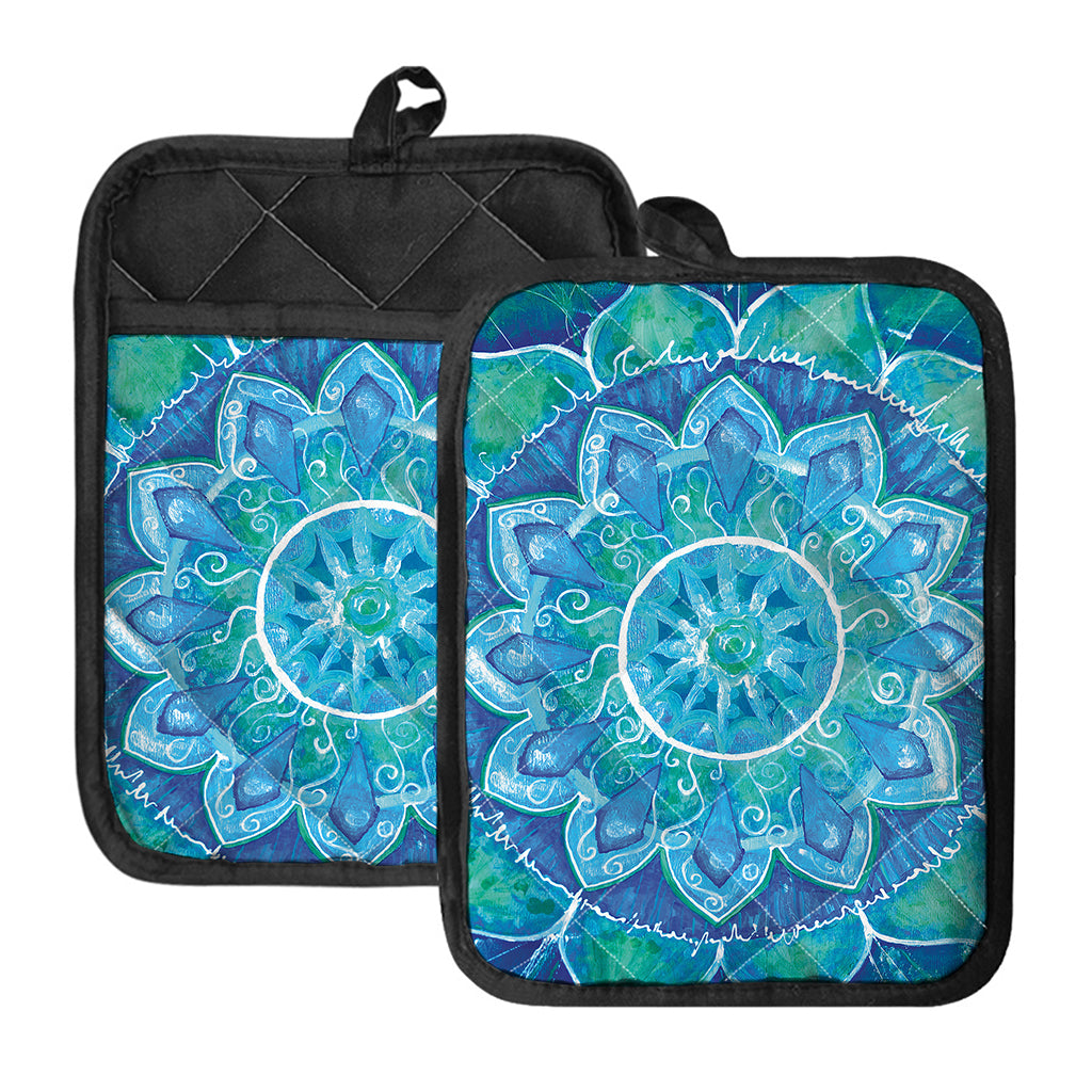 Blue Vishuddha Chakra Mandala Print Pot Holders With Pocket