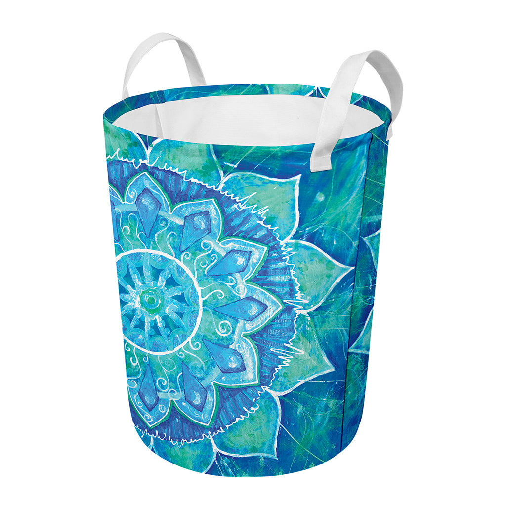 Blue Vishuddha Chakra Mandala Print Round Laundry Basket