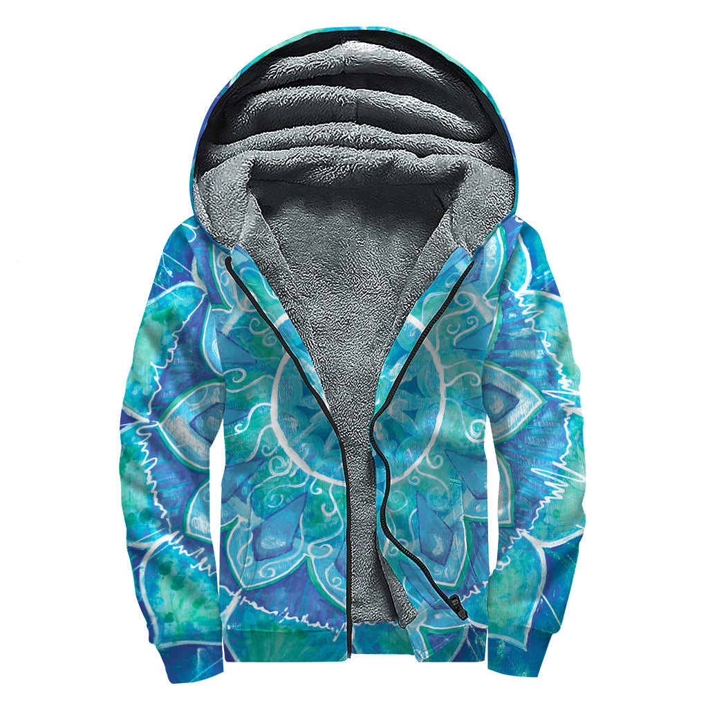 Blue Vishuddha Chakra Mandala Print Sherpa Lined Zip Up Hoodie
