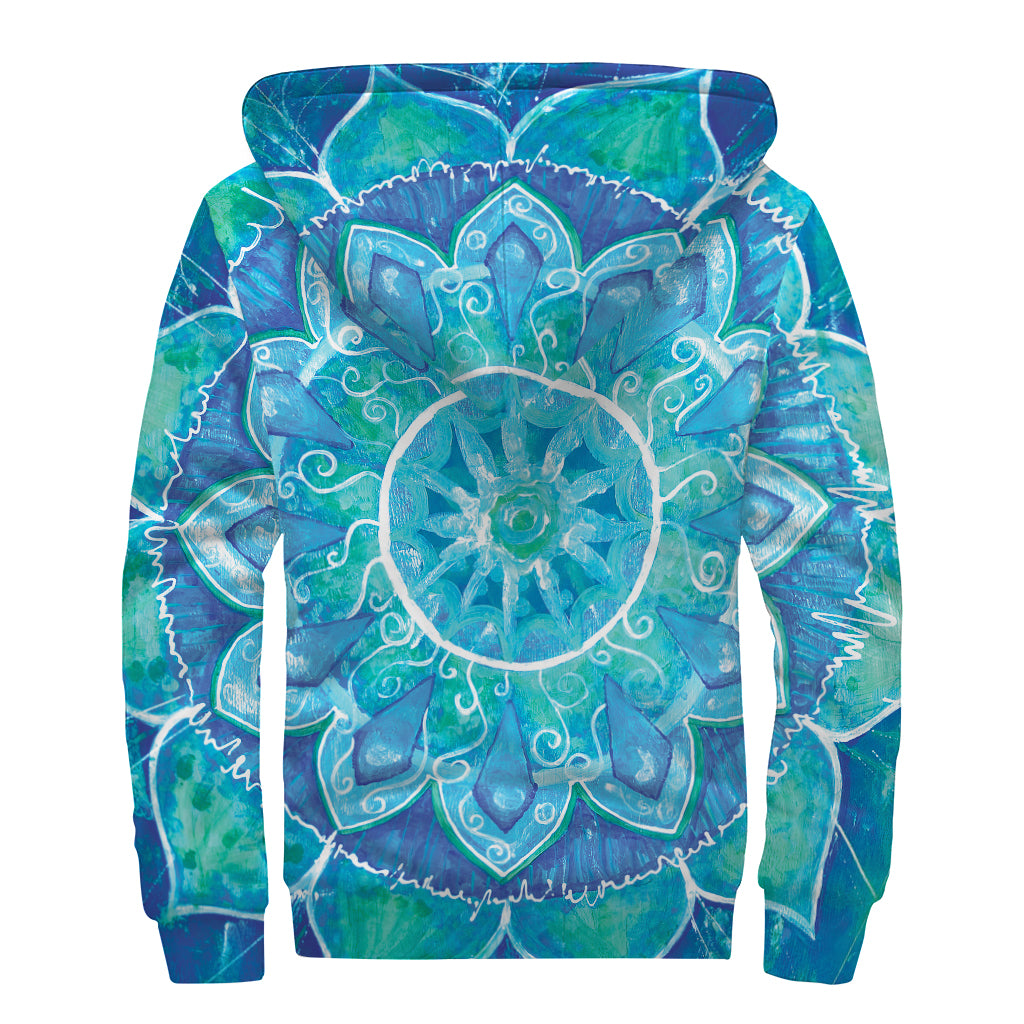Blue Vishuddha Chakra Mandala Print Sherpa Lined Zip Up Hoodie