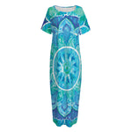 Blue Vishuddha Chakra Mandala Print Short Sleeve Long Nightdress