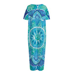Blue Vishuddha Chakra Mandala Print Short Sleeve Long Nightdress