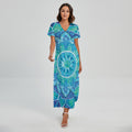Blue Vishuddha Chakra Mandala Print Short Sleeve Maxi Dress
