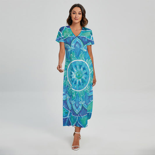 Blue Vishuddha Chakra Mandala Print Short Sleeve Maxi Dress