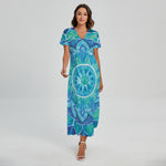 Blue Vishuddha Chakra Mandala Print Short Sleeve Maxi Dress