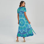 Blue Vishuddha Chakra Mandala Print Short Sleeve Maxi Dress