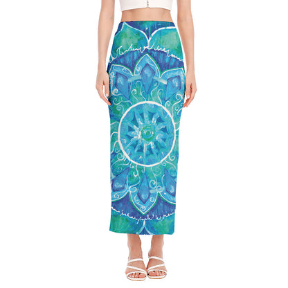 Blue Vishuddha Chakra Mandala Print Side Slit Maxi Skirt
