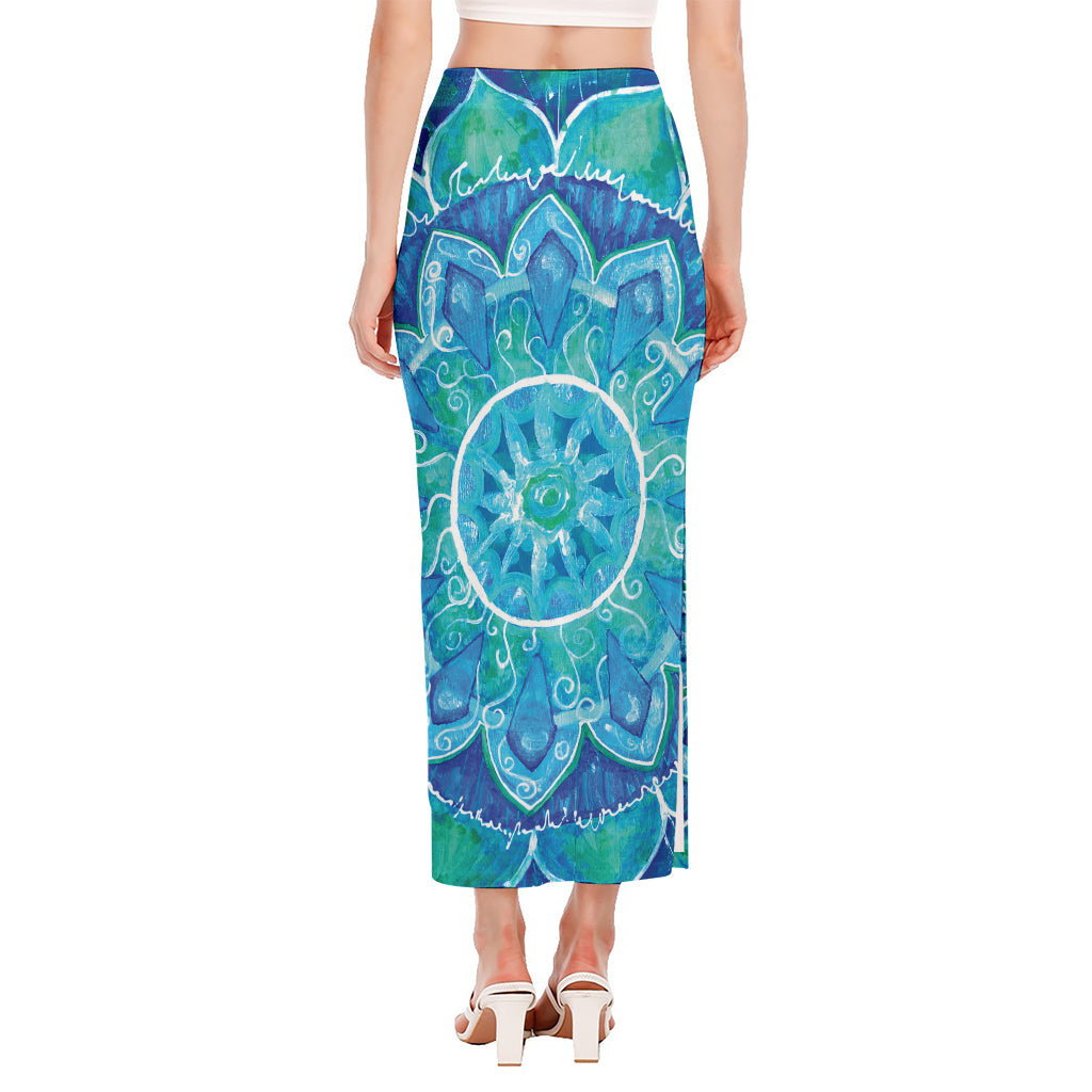 Blue Vishuddha Chakra Mandala Print Side Slit Maxi Skirt
