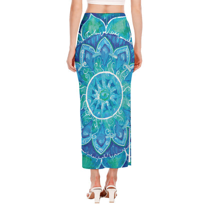 Blue Vishuddha Chakra Mandala Print Side Slit Maxi Skirt