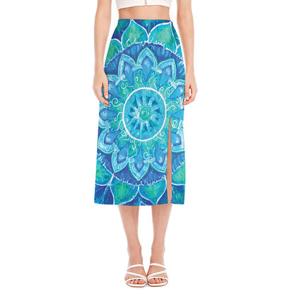 Blue Vishuddha Chakra Mandala Print Side Slit Midi Skirt